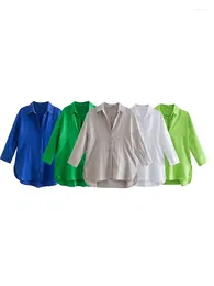 Women's Blouses ZADATA Fashion Simple Versatile Asymmetrical Design Loose Solid Colour Retro Long-sleeved Button-down Shirt
