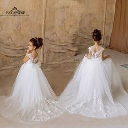 FATAPAESE Girl Dress For Wedding Lace Appqulies Tulle Skirt White Ivory Ball Gown Illusion Summer Sleeveless Communion Clothes 240313