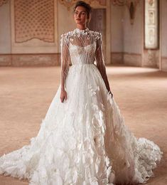 Wedding Ball Gown Dresses Aline High Neck Long Sleeve Vestido Novia Embroidery D Flowers Robe De Mariee E E E e