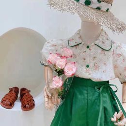 Clothing Sets 2022 Summer New ChildrenS Clothing Sets Korean Style Puff Sleeve Shirt +Straps Pleated Shorts Fashion Baby Girls Clothes Suit