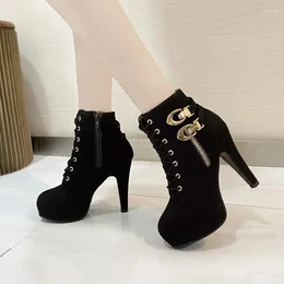 Dress Shoes Fashion Womens Plus Size Ankle Boots Women Platform High Heels Lace Up Ladies Boot PU Leather Side Zipper Botte Femme