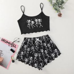 Sleepwear 2 Pieces Skeleton Print Pijamas for Girls Set Summer Women Sleepwear Long Sleeve Nightgown Female Ladies Sexy Lingerie Pamas