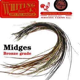 10 feathers Whiting bronze grade midge saddle hackle dry fly tying grizzly rooster feather for hook size18#20# 240312