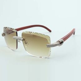 Newest style original wood temples sunglasses 3524020 cutting lens micro-paved diamonds glasses size 58-18-135 mm
