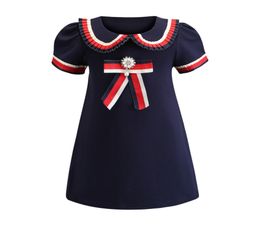 Retail Baby Girl Dresses 2019 Lapel Short Sleeve College Bowknot Cotton Casual Princess Prom Dress Kids Designer Clothes Children2658222