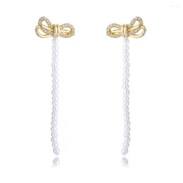 Dangle Earrings 18k Gold Plated Female Bowknot Shell Pearl Tassel Wholesale INS Korean Delicate Post Bow Ties Zircon Drop