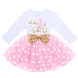 13Y Baby Girls Birthday Dress Sequin Bowknot Long Sleeve Round Neck Tops With Chic Letters Print born Infantil Tutu Outfit 240311