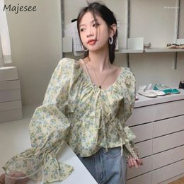 Women's Blouses Puff Long-sleeve Women Sweet Floral Spring Cropped Tops Vintage Folds Stylish French Style Feminine Blouse Streetwear