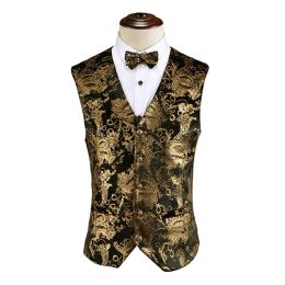 Vests Mens Gold Paisley Bronzing Vest Single Breasted VNeck Wedding Suit Vests Men Gothic Aristocrat Steampunk Victorian Gilet Homme