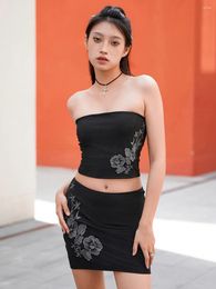 Skirts Women's 2 Piece Summer Set Black Slim Zip Up Sleeveless Backless Crop Tube Tops Low Waist Flower Embroidery Mini Skirt Outfits