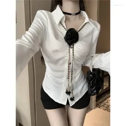 Women's T Shirts Polo Collar 3d Flower Pleated Sexy Slim Long-sleeved Shirt Women 2024 Spring Korean Chain Lace-up Solid Colour Casual Blouse