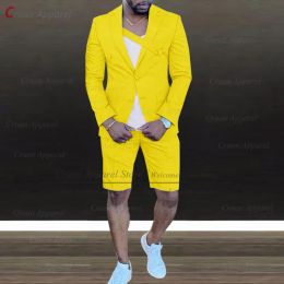 Suits Fashion Yellow Mens Suits Set Slim fit Groom Groomsmen Wedding Suit Tuxedo Casual Streetwear Summer Men Jacket with Shorts 2Pcs