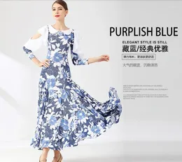 Stage Wear Standard Ballroom Dress Summer Waltz Woman Competition Tango Pratice Blueflower Print 2108
