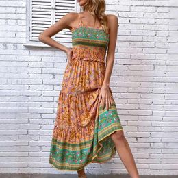 Casual Dresses Printed Summer Dress Ethnic Style Maxi With Shirring Patchwork Detail A-line Vacation High Waist For Beach