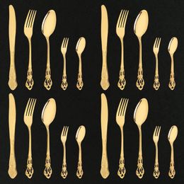 Vintage Western Mirror Gold Cutlery Tableware Set 20Pcs Dining Flatware Knife Cake Fork Teaspoon Luxury Dinnerware Engraving 240315