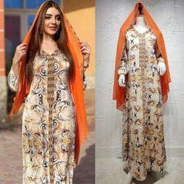 Ethnic Clothing Islamic Muslim Women Printed Long Dress Arabic Abaya Turkey Ramadan Maxi Robe Gown Middle East Dubai V-neck Hijab Caftan