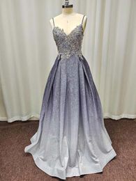 Evening Dress Sparkly Spaghetti Straps V Neck Beaded Princess Prom Dress Ball Gown With Corset Back