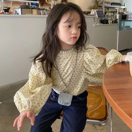 Spring Baby Girls Shirts Floral Stand Collar Puff Sleeve Long Sleeve Shirts Autumn Cute ChildrenS Clothing Fashion Kids Top 240314