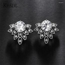 Stud Earrings RAKOL Ladies Geometric Flower Light Luxury Green Zircon Earring Personality Temperament Women's Fashion Accessorie