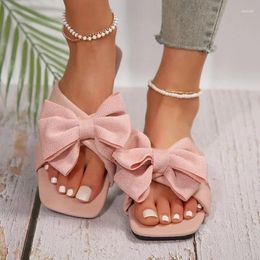 Casual Shoes Slippers Women 2024 Summer Silk Rhinestone Bows Flat Bottom Square Head One-word All-match Low-heeled Sandals 36-42
