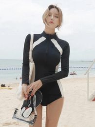 Women's Swimwear Sports Ladies Monokini Swimsuit Women One-piece Conservative Long Sleeve Slim Black White Chest Gathered Steel Support