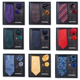 Newest Business Designer Polyester Tie Set Square Scarf tie clip chest flower Necktie Set Business Wedding Suit Gift Box