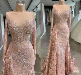 Dusty Pink Mermaid Prom Dresses Vintage Sleeve Lace Appliques Beads Long Evening Gowns Formal Ocn Vestidos BC5129