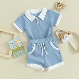 Clothing Sets Toddler Boys Summer Outfits Contrast Colour Buttons Short Sleeve T-Shirts Waffle Tops Elastic Waist Shorts 2Pcs Clothes Set