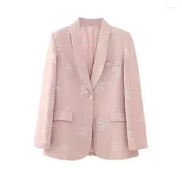 Women's Suits Spring Fall Women Korean Vintage Embroidery Pink Casual Blazers Single Button Notched Collar Long Sleeve Female Suit Jacket