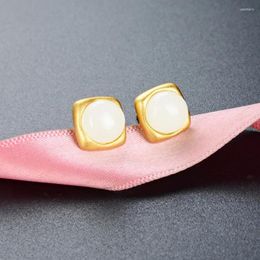 Stud Earrings White Jade Stone Golden Glam Fashion Good Jewerly For Women 2024 Gift In 925 Sterling Silver Super Deal