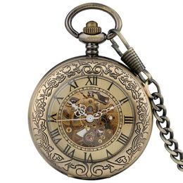 Bronze Vintage Pocket Watch Roman Numerals Skeleton Automatic Mechanical Watches Men Women Self-winding Clock FOB Pendant Chain2450