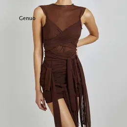 Casual Dresses Sexy Dress Ribbons Mesh See Through Bodycon Party Women Clubwear Mini Sleeveless Female Slim Outfits