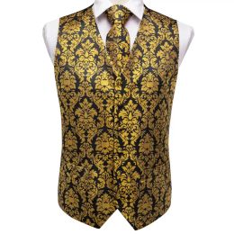 Vests Mens Formal Vest Set Silk Classic Wedding Necktie Waistcoat Vest Pocket Square Suit Set Gold Vests for Men HiTie MJTZ0008