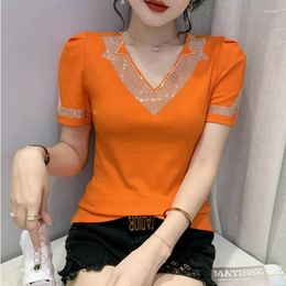 Women's T Shirts Summer European Clothes T-Shirt Chic Sexy V-Neck Shiny Beads Diamonds Bottoming Short Sleeve Tees Top