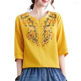Women's Blouses Soft Stretchy Top Loose Shirt Stylish V-neck Floral Embroidered Casual Half Sleeve Pullover With For Women