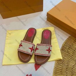 Damen-Slipper aus Gummi mit niedrigem Absatz und kontrastierendem, mit Raffiabast bestickten, flachen Pantoletten, Designer-Hausschuhe, Strandschuhe, Kieferngrün, Gold, Himmelblau, Schemata, Fuchsia, flache Slides, Luxus