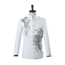 Suits Chinese Tunic Men Mandarin Collar White Black Appliqued Blazer for Wedding Banquet Ceremony