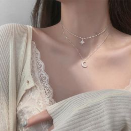 Dubbelskiktstjärna Moon ClaVicle Chain 14K White Gold Necklace For Women Girl Cubic Zircon Necklace Gift Fine Jewelry Party Wedding Accessories