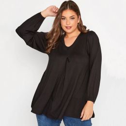 Tops Plus Size Long Sleeve Spring Autumn Elegant Swing Top Women Pleated Front Loose Black Tunic Large Size Casual Blouse 6XL 7XL 8XL