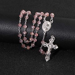 KOMi Pink Rosary Beads Cross Pendant Long Necklace For Women Men Catholic Christ Religious Jesus Jewelry Gift R-233274H