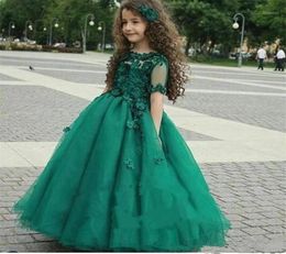 Girl039s Dresses Cute Emerald Green Girls Pageant Gowns Sheer Short Sleeves Princess Ball Gown Kid Formal Flower Girl For Weddi5271434