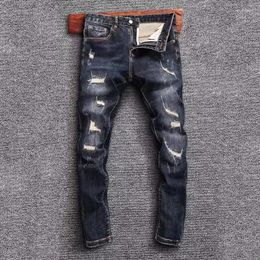 Men's Jeans Ly Designer Fashion Men Vintage Dark Blue Stretch Skinny Fit Ripped Hole Patched Denim Pencil Pants Hombre