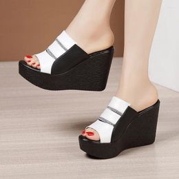 Slippers 11cm Small Size 32-43 Genuine Leather Women's Platform Wedges Sandals Summer 2024 High Heels Slides For Office Model