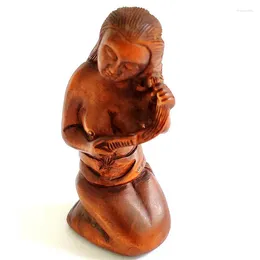 Decorative Figurines 2 INCH Japanese Boxwood Hand Carved Netsuke Sculpture Miniature Pretty Lay Girl Combing Hair - #Z9002