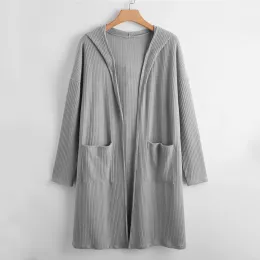 outwear Plus Size Open Front Spring Autumn Hooded Cardigan Long Sleeve Pocket Front Ribbed Knit Loose Duster Coat Jacket Large Size 7XL