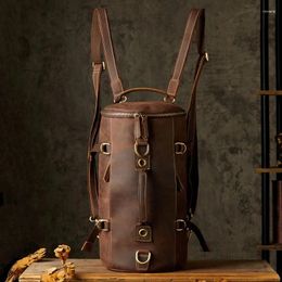 Backpack Genuine Cowhide Cylinder Retro Large Capacity Barrel Bag Men Crazy Horse Leather Casual Travel Hiking Shoulder