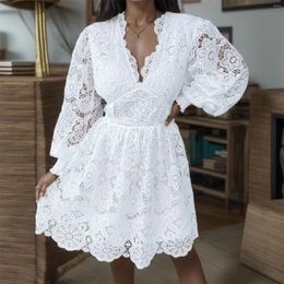 Casual Dresses Summer Elegant Lace Embroidered White Party Dress Vintage Puff Sleeve Tunic Waist Short Holiday Beach Vestidos