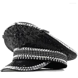 Berets Women Men Steampunk Black Military Hat Sergeant Captain Luxury Rhinestone Festival Birthday Part Hen Do Can Customize