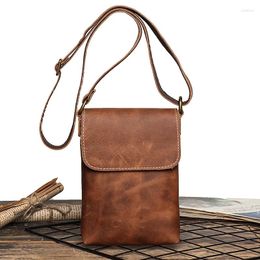 Evening Bags Crazy Horse Leather Small Vintage Sling Crossbody Bag Man Flap Locking Shoulder Simple Men's Phone Key Pocket