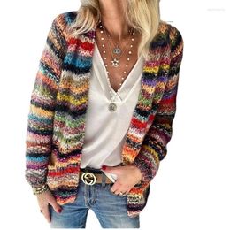 Women's Knits Women Elegant Multicolor Print Knitted Cardigans Sweater 2024 Autumn Winter Long Sleeve Coat Tops Ladies Casual Pocket